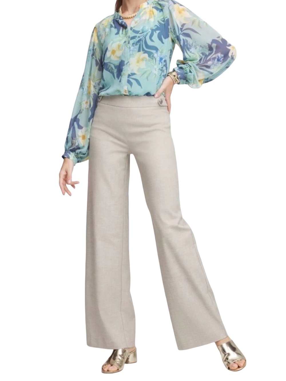 NWT Chico's Wide-Leg Brigitte SO SLIMMING Pants in Light Tan/Grey (M/0.5 R)